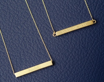 Colar personalizado com barra horizontal em ouro maciço 14K, colar com nome gravado em quatro lados, colar com barra horizontal 3D, pingente com coordenadas e nome gravado.
