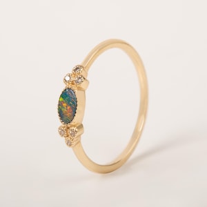 14K massivt guld öst-väst opalring, elegant klusterring, modern minimalistisk armband
