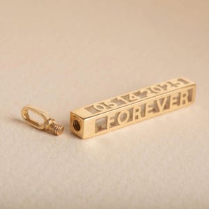 Custom 4-Sided Name Word Date Cremation Necklace, 14K REAL Gold Vertical Bar Urn for Human Pet Ashes, Up to 10 Characters Per Side