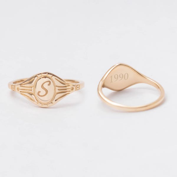 Solid Gold Personalized Initial Signet Ring 10k 14k 18k, Custom Letter Engraved Gold Ring Great Gift For Her Monogrammed Pinky Ring Gift