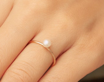 14k Solid Gold Single Dainty Pearl Ring, Solid Gold Fresh Water Pearl Stacking Ring, Tiny White Pearl Engagement Ring is Great Gift For Her.