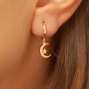 14K Solid Gold Crescent Moon and Star Earring, Classy Gold Moon and Star Dangle Drop Earring is a Great Gift For Her. Gold Earring For Women