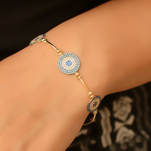 14k Gold Station Evil Eye Bracelet, Dainty Evil Eye Protection Bracelet is a Great Gift For Her. Gift For Women. Turkish Evil Eye Bracelet