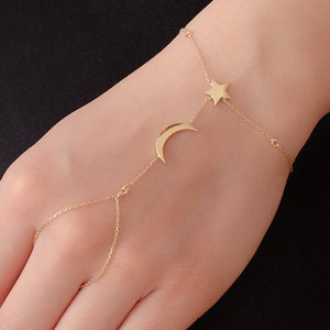 14k Gold Crescent Moon and Star Sahmaran Bracelet, Dainty Slave Bracelet is a Great Gift For Her. Christmas Gift image 1