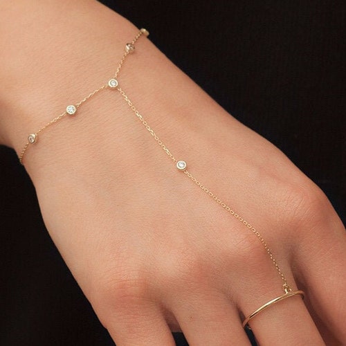 Rolo Chain Ring Bracelet Gold Hand Chain Bracelet 14K Solid Etsy