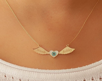 14k Gold Angel Wing & Evil Eye Heart Necklace, Custom Engraved Family Memorial Jewelry, Personalized Name Charm Necklace