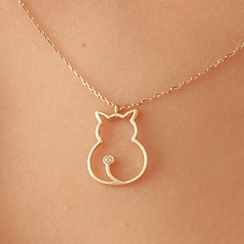 Minimalist Cat Necklace Pendant 14k Solid Gold Diamond Etsy
