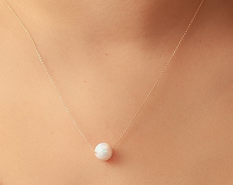 14k Solid Gold Opal Ball Necklace, Opal Bead Necklace Floating 14k Real Gold Chain, White Opal Gold Necklace, Dainty Gold Blue Opal Necklace