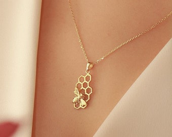 Honeycomb and Bee Gold Necklace, Bee on Honeycomb 14k Solid Gold Necklace, HoneyComb Bee Pendant Necklace is a Great Gift for Her.