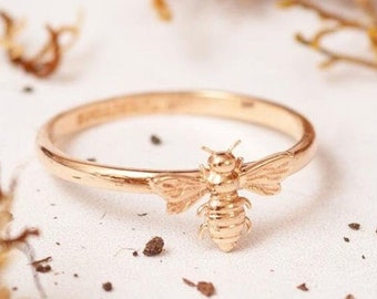 14k 18k Solid Gold Bee Stacking Ring, Honey Bee Engagement Real Gold Ring, Honeycomb & Bee Ring Set, Bumble Bee Rose Gold Ring is a Gift For