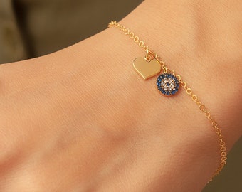 14k Gold Blue Evil Eye Chain Bracelet with Heart Charm, Dainty Evil Eye Heart Protection Bracelet is a Great Gift For Her. Gift For Women