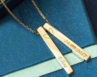14K Solid Gold Vertical 3D Bar Necklace, Personalized Gold Bff Necklace, 2 Bars Name Necklace, Custom Name Bar Necklace Gift for Her