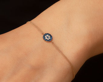 Solid gold Evil Eye Bracelet, 10k 14k 18k Gold Minimalist Cz Eye Bracelet, Cz Blue Eye Double Row Chain Bracelet is Great Valentine’s Gift