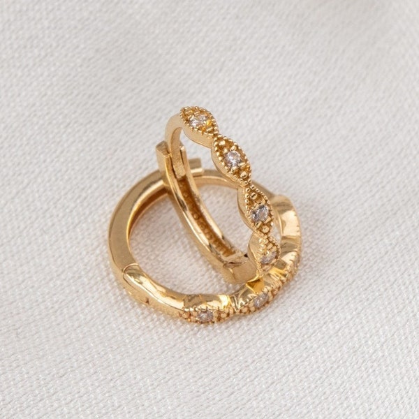 Petite Milgrain Diamond or Cz Hoop Earrings 14K 18K Solid Gold, Alternating Marquise Shaped Lattice Pattern Paved Cz Diamond Hoop Earring