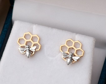 14K 18K Solid Gold Honeycomb and Bee Studs Earring, Dainty Two Tones Gold Bee on Hexagon Honeycomb Stud Earring is a Great Gift For Her.