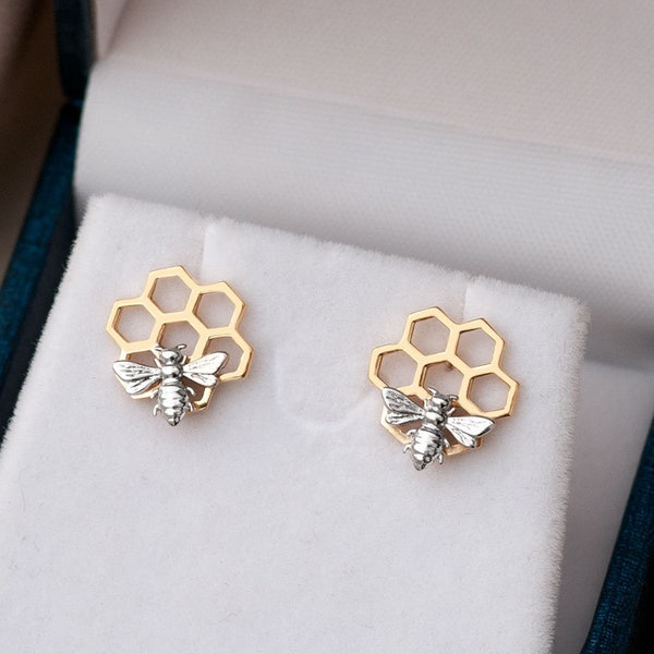 14K 18K Solid Gold Honeycomb and Bee Studs Earring, Dainty Two Tones Gold Bee on Hexagon Honeycomb Stud Earring is a Great Gift For Her.