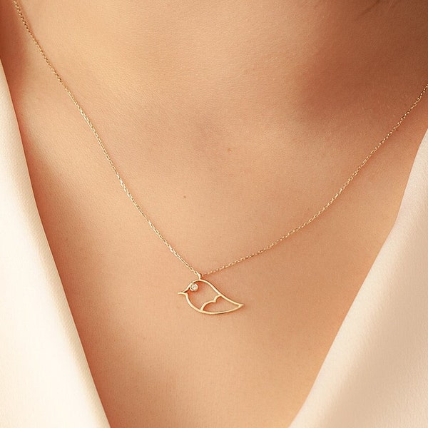 14k 18k Solid Gold Diamond Bird Necklace, Diamond Bird Pendant Necklace, Dainty Gold Bird Necklace, Tweety Necklace is a Great Gift For Her