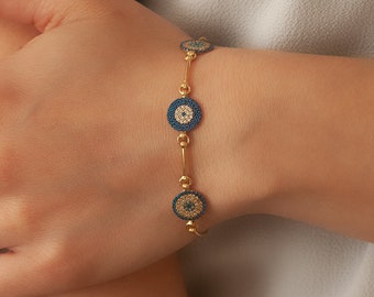 14k Gold Evil Eye Bracelet, Elegant Evil Eye Protection Gold Station Bracelet is a Great Gift For Her, Turkish Eye, Gift For Women