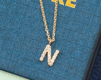 14k Solid Gold Diamond Initial Letter Necklace, Dainty Personalized Custom Initial Gold Necklace is a Great Gift For Her. Christmas Gift