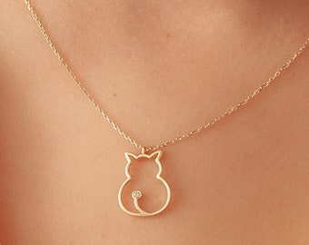 14k 18k Solid Gold Cat Diamond Necklace, Diamond Kitty Pendant Necklace & Dainty Gold Kitten Necklace. Cat Lovers Necklace for Pet Lovers