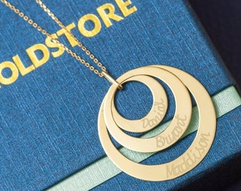 2 3 4 Rings Engraved Name Solid Gold Necklace,  Personalized Kids Name Circle Gold Necklace, Custom Circle Family Necklace Great Gift Mom.