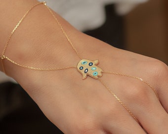 14k 18k Solid Gold 2 Sided Hamsa Enamel Eye Ring Bracelet, Fatima Hand Chain Slave Bracelet, Hamsa Palm Bracelet, Hamsa Palm Hand Bracelet.