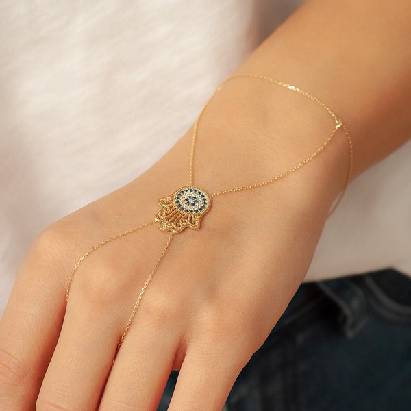 14K 18K Solid Gold Evil Eye Hamsa Sahmeran Bracelet, Fatima Hand Palm Chain Bracelet with Blue Eyes, Bridal Slave Bracelet Christmas Gift.