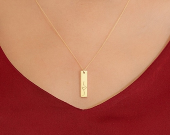 14k 18k Solid Gold Personalized Name Bar Necklace, Dainty Vertical 2 cm Bar Name Pendant, Custom Name Coordinate Date Engraved Gift For Her