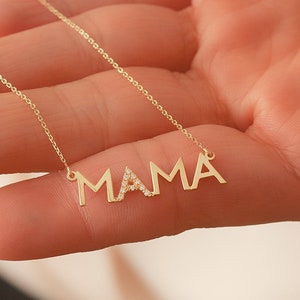 14K Solid Gold Diamond Mother Necklace, Cz Zircon Mama Necklace, Dainty Delicate Plain Gold Mama Necklace Great Mother&#39;s day Gift for Mom
