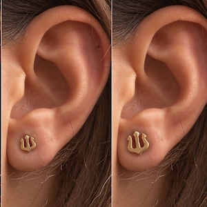 14k 18k Solid Gold Trident Studs Earrings, Real Gold Tiny Three Pronged Spear Earrings, Poseidon Weapon Stud Earring Earrings Gift For Her