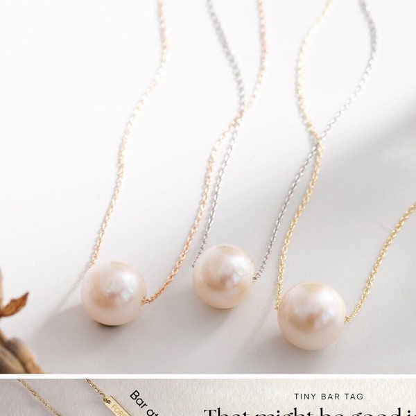 Single pearl 10k 14k 18k gold chain necklace, 8.0-8.50 mm Simple Freshwater Pearl Gold Necklace, Floating Pearl Necklace is June Birthstone.