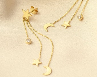 14K Solid Gold Dangle Drop Moon & Star Chain Earrings, Dainty Real Gold Star and Birthstone Dangle Chain Stud Earrings Great Gift for Her