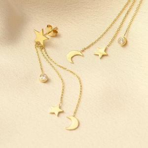 14K Solid Gold Dangle Drop Moon & Star Chain Earrings, Dainty Real Gold Star and Birthstone Dangle Chain Stud Earrings Great Gift for Her