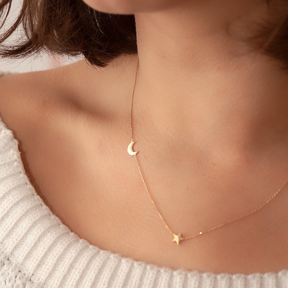 Solid 14K Gold Moon Charm Necklace 18 Inch