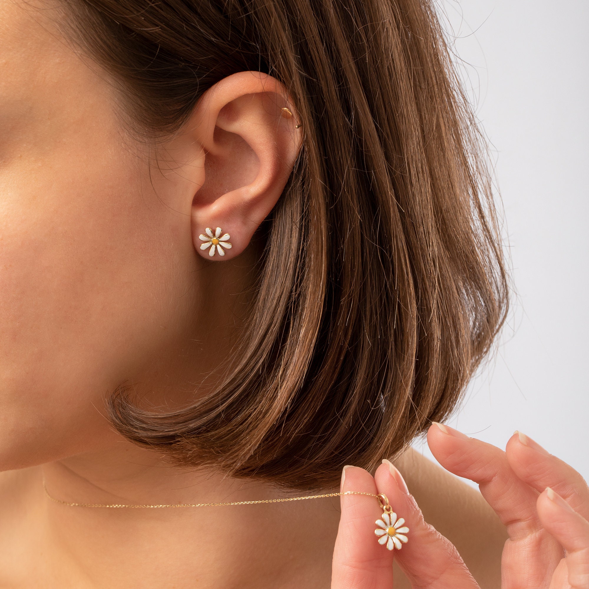 14K Solid Gold Daisy Flower Earrings, Dainty White Daisy
