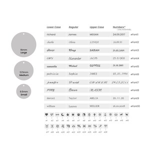 May include: A reference chart for personalized jewelry, featuring examples of fonts, text styles, and symbols. Includes text samples in lower, regular, and upper case, along with size options of 16mm, 12.5mm, and 9.5mm. Also shows numbers and symbols.