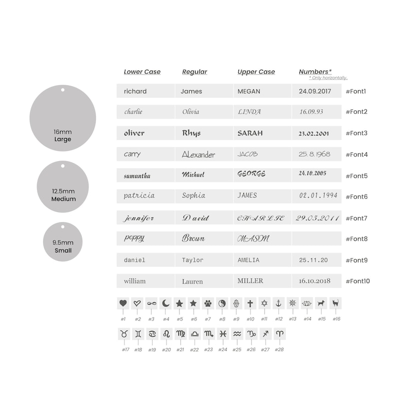 May include: A reference chart for personalized jewelry, featuring examples of fonts, text styles, and symbols. Includes text samples in lower, regular, and upper case, along with size options of 16mm, 12.5mm, and 9.5mm. Also shows numbers and symbols.