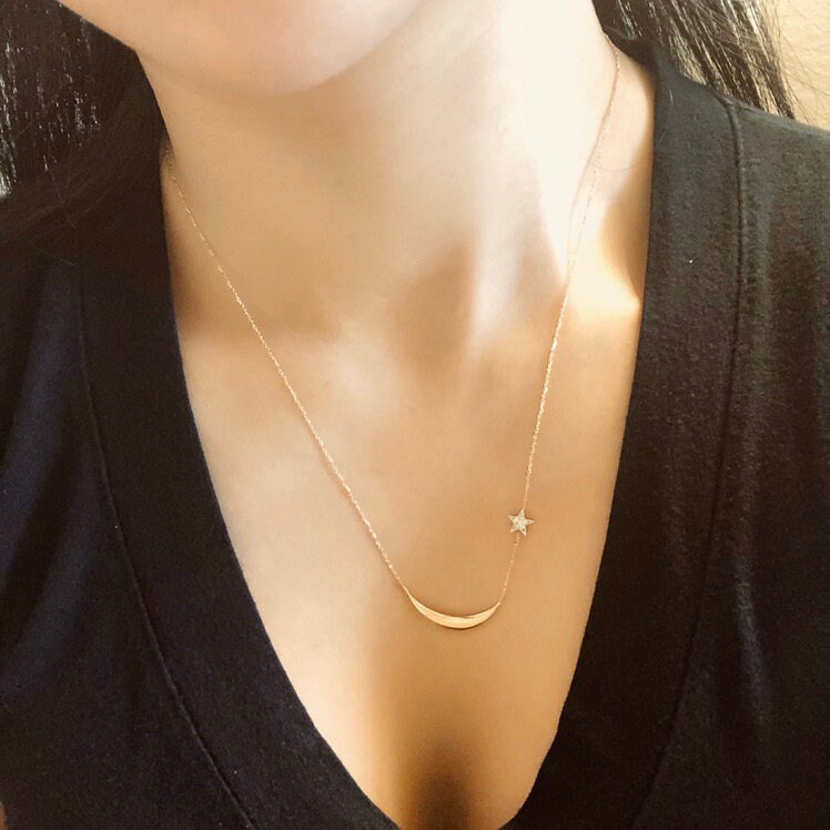 14k 18k Solid Gold Diamond Crescent Moon & Star Necklace 14k 18k Solid Gold Diamond Crescent Moon & Star Necklace