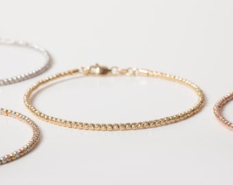 1.5mm & 2mm Diamond Cut Ball Bracelet, 14K SOLID Gold Faceted Bead Bangle, Yellow White Rose Mix Gold Stacking Bangle
