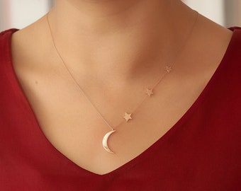14k Solid Gold Crescent Moon and Star Sideways Necklace, Crescent Moon Star Asymmetric Necklace, Crescent Moon 1 2 3 Stars Gold Necklace