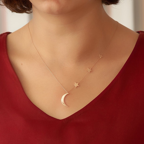 14k Solid Gold Crescent Moon and Star Sideways Necklace, Crescent Moon Star Asymmetric Necklace, Crescent Moon 1 2 3 Stars Gold Necklace