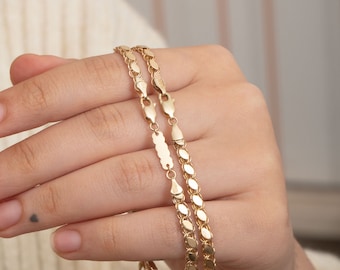 14K Gold Spiegel Kettenarmband, Sparkle Pailletten Kette, 3,70 oder 4,20 mm facettierte Kette, Flat Link Gold Choker Glitter Kette Layered Armband