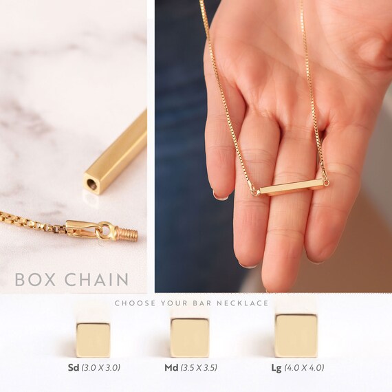 14K Gold Horizontal Urn 3cm Bar Box Chain Necklace 4 Side Custom