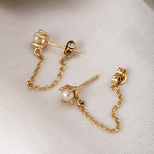 14K 18K Solid Gold Thread Chain Pearl Earrings, White Pearl Earrings With Dangling Chain, Stylish Everyday Jewelry, Great Gift For Her