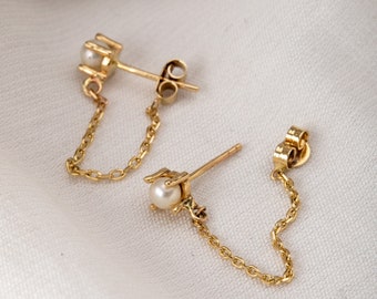 14K 18K ソリッドゴールド スレッドチェーン パールイヤリング 