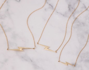 14k Solid Gold Lightning Bolt Necklace, Gold Choker Dainty Sideways Lightning Necklace, Lightning Bolt Charm Necklace Great Gift For Her