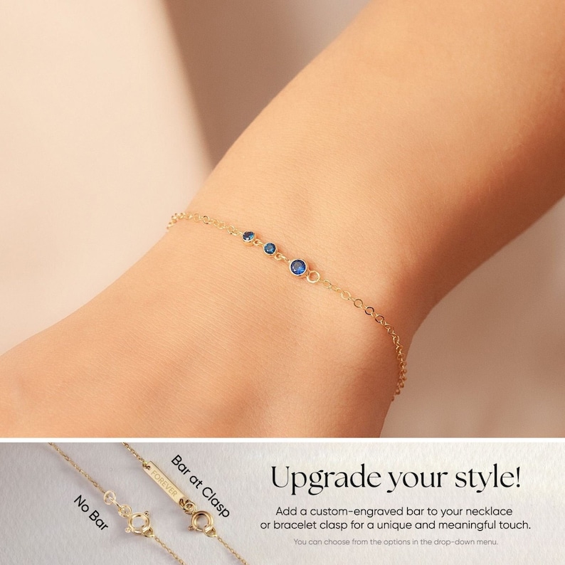 14K Solid Gold Trio Birthstone Bracelet, Real Solid Gold Lady's Dainty Bracelet, Minimalist Bracelet, Custom Birthstone Gold Chain Bracelet image 2