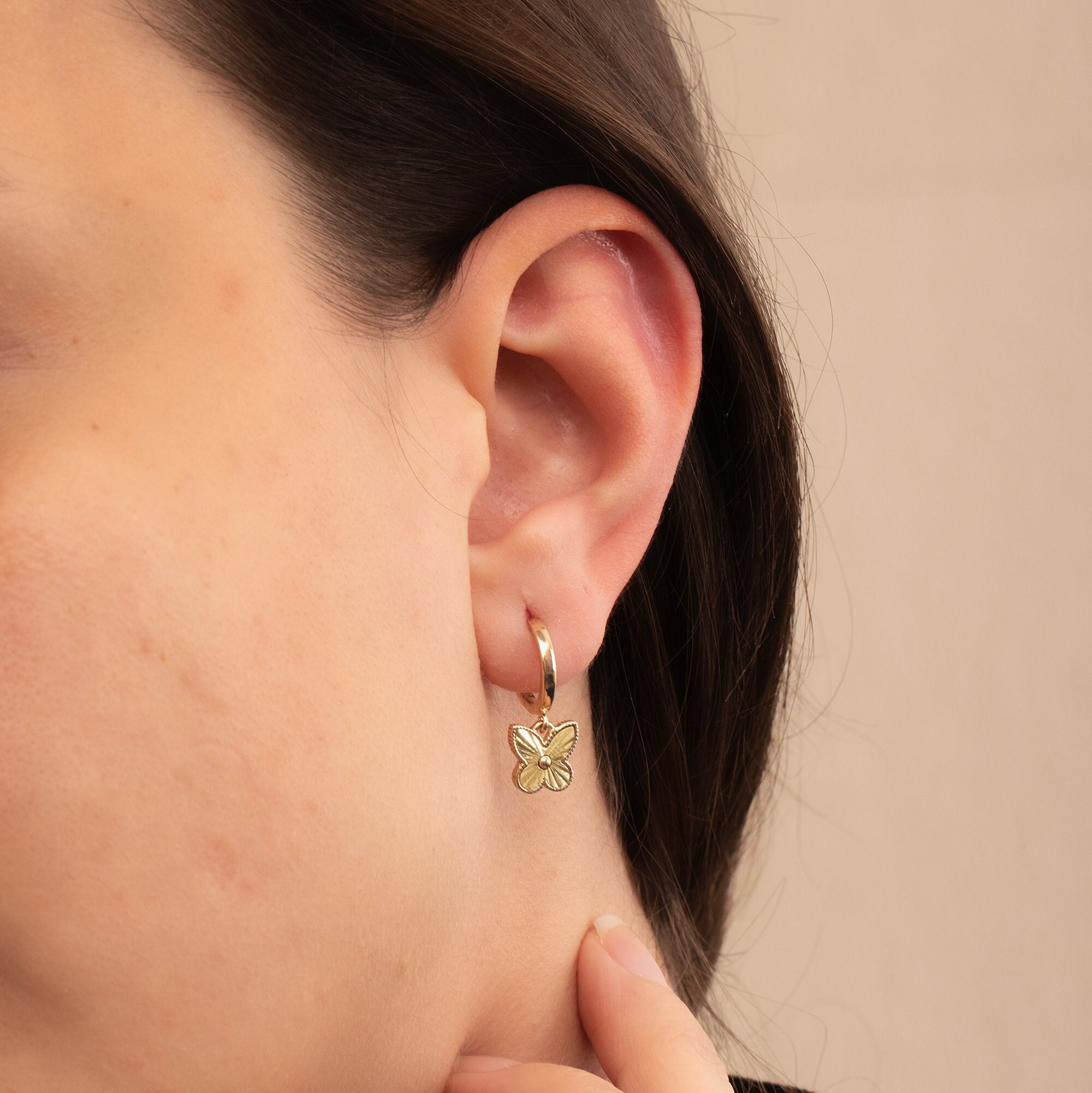 Fluted Butterfly Earrings 14K Solid Gold, Yellow Gold