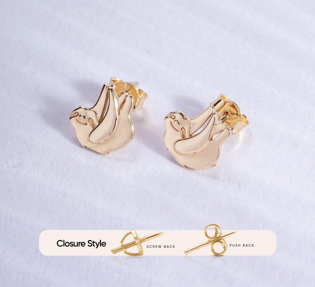 Sloth Back Earser Sloth Earrings 14k 18K Solid Gold, Dainty Hanging Sloth Gold Stud ...
