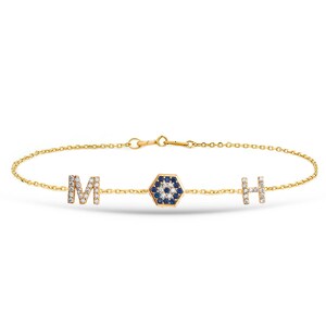 14k Gold Evil Eye und personalisierte 2 Initialen Armband, zierliches Gold Blue Eye und Custom Letters Goldkettenarmband ist ein großes Geschenk für sie.